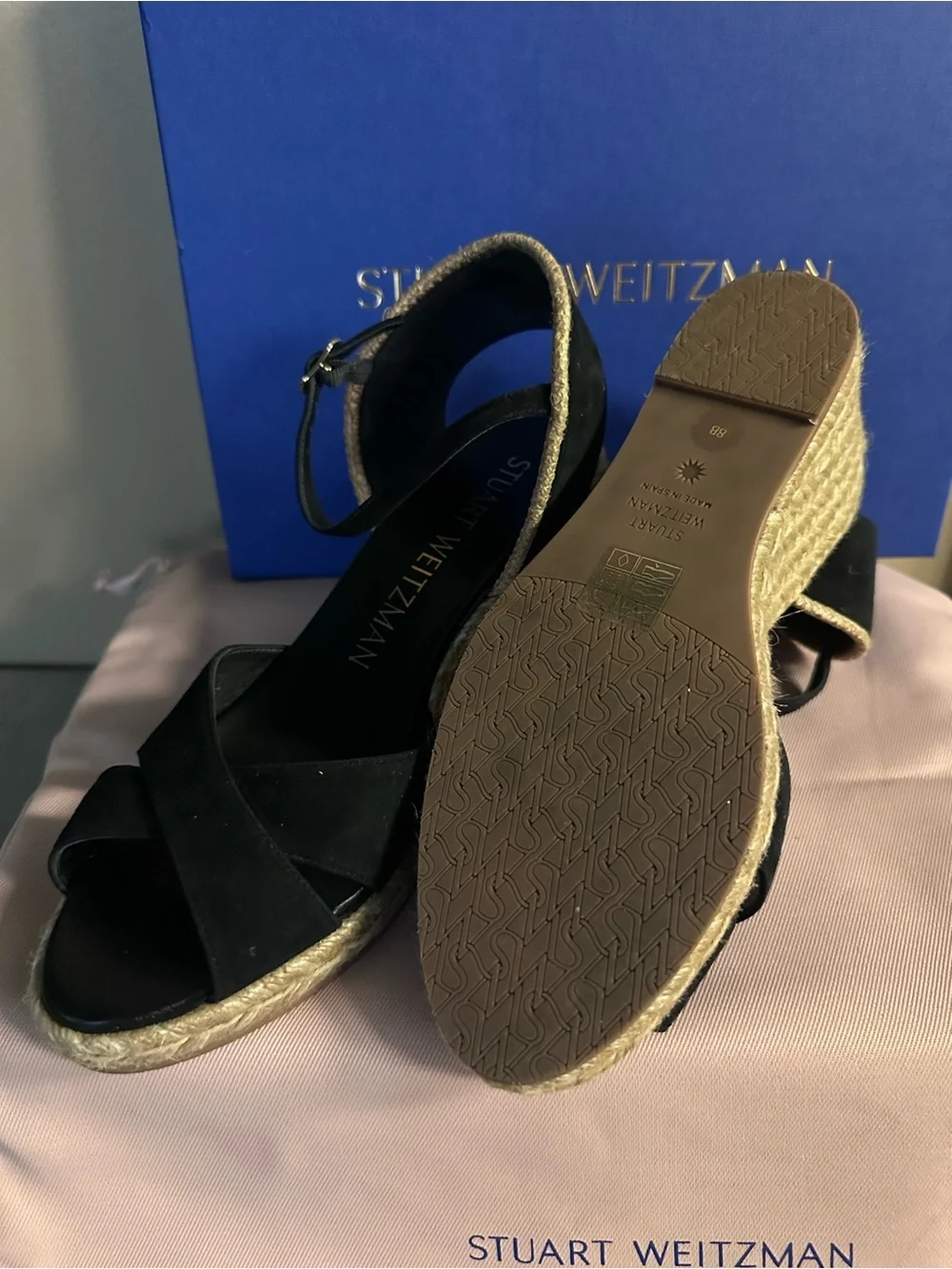 Stuart Weitzman Black Suede Espadrille Wedge Sandals